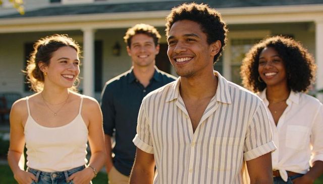 Smiling friends walking on sunlit suburban lawn with porch columns and casual clothes