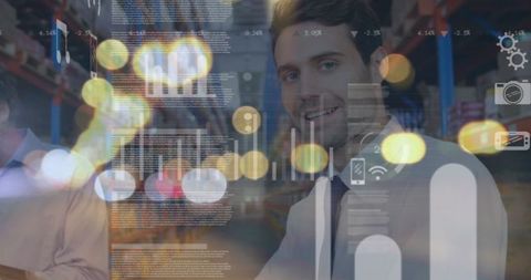 Businessman Using Tablet with Data Processing Interface in Warehouse