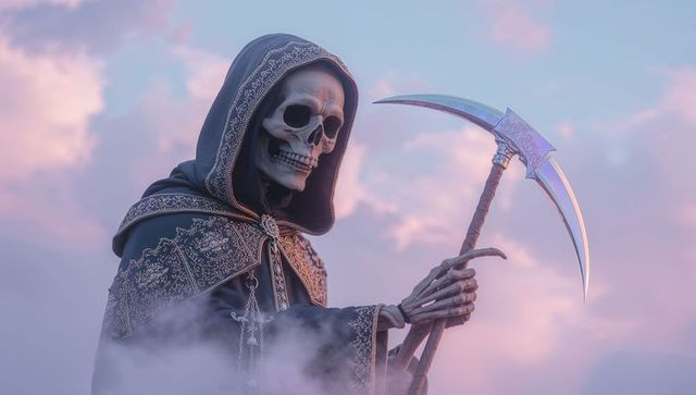 Skeletal reaper in misty realm with intricate cloak and scythe