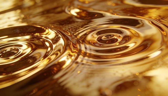 Liquid gold ripples close-up macro, metallic waves and concentric droplet circles