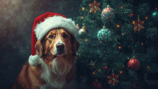 Festive dog in santa hat beside decorated christmas tree