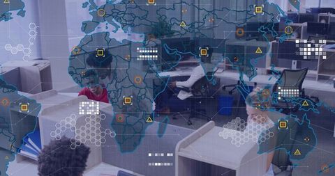 Team collaboration with global data visualization in modern office