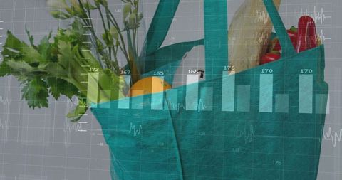 Teal reusable grocery tote carrying fresh produce and baguette with data analytics overlay