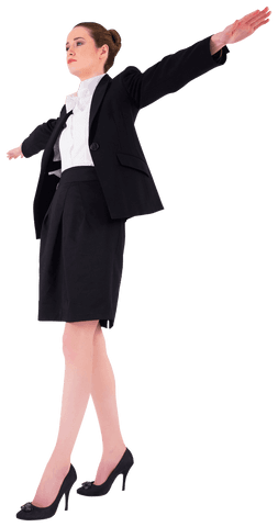 Confident Businesswoman in Black Suit Balancing Transparent
