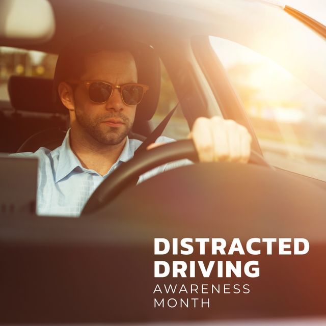 Distracted Driving Awareness Month - Caucasian Man Driving Car Wearing Sunglasses - Download Free Stock Templates Pikwizard.com