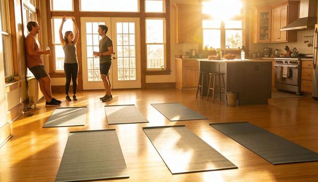 Sunlit home yoga class in open kitchen with six mats, adults stretching before workout