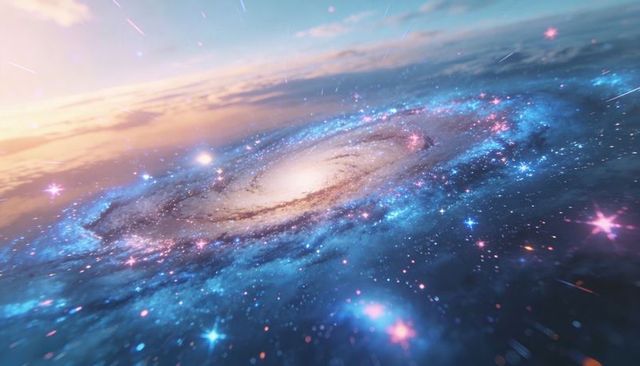 Spiral galaxy rotating above planetary horizon with luminous core and starburst glow