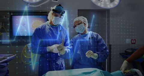 Surgeons performing high-tech operation with ECG waveform overlay and collaborative teamwork