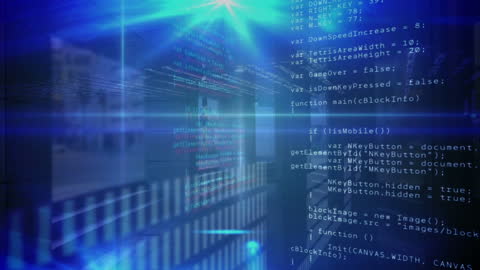 Futuristic Double Exposure of Cityscape and Data Code Visualization