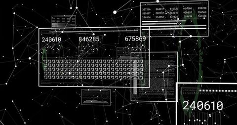 Futuristic HUD revealing dense data grid, numeric analytics and network node visualization