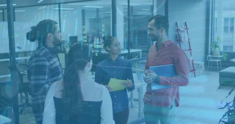 Business Team Discussing Financial Data with Technology Overlay