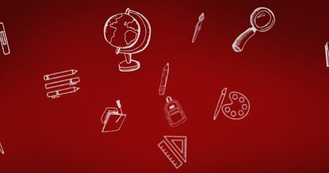 Educational supplies hanging on red background illustration