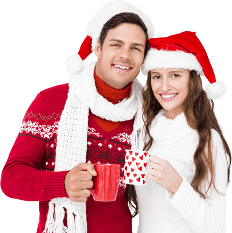 Transparent Holiday Couple in Santa Hats Sharing Warm Beverages
