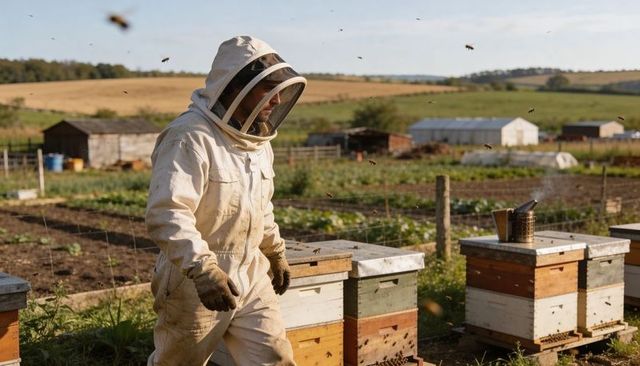 Beekeeper walking through apiary tending wooden hives with smoker on rural farm
