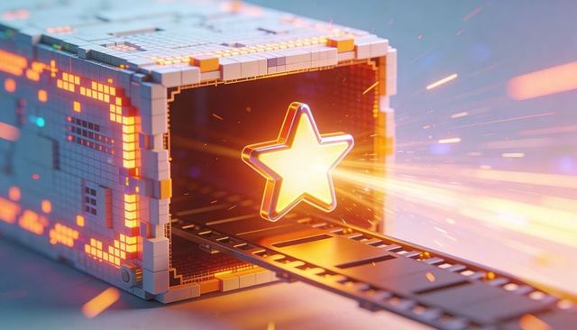 Glowing star emerging from pixelated hardware module with neon circuitry and rail