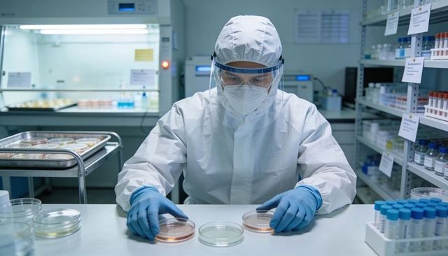 Scientist wearing PPE examining Petri dishes on sterile biosafety laboratory bench