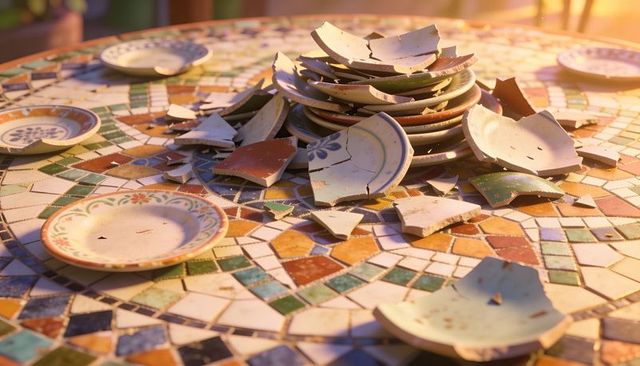 Sunlit broken ceramic plates on mosaic patio table with scattered shards and saucers