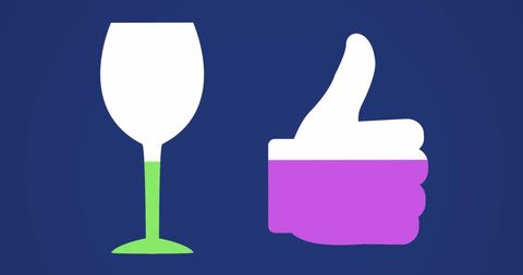 Bright wine glass and thumbs up icons on blue background