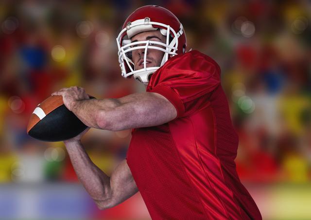This image depicts a football player in a red jersey and helmet preparing to throw the ball. The blurred background suggests a stadium filled with spectators. This visual can be used for sports-related promotions, athletic event advertisements, football team posters, or inspirational sports graphics.