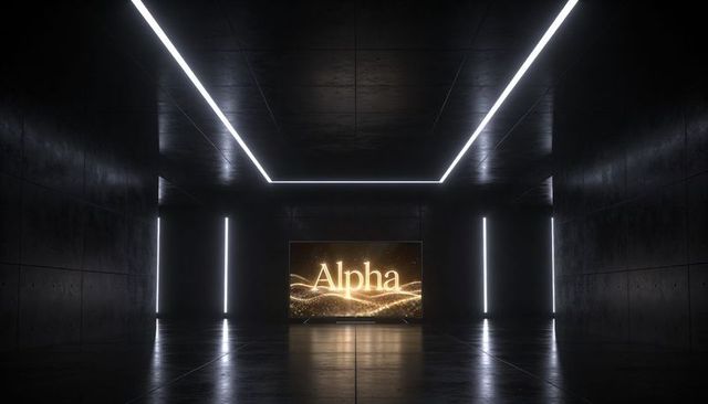 Futuristic Concrete Showroom Featuring LED Frame and Golden Alpha Display
