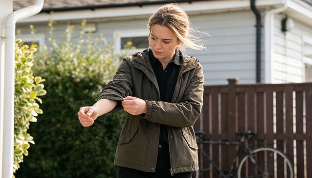 Woman rolling up sleeve in olive jacket standing outside suburban home with bicycle