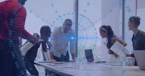 Manager Leaning Over Table Reviewing Strategy with Team, Digital HUD Data Overlay, Modern Boardroom