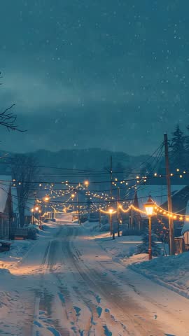 Vertical video capturing snowy village street at night with glowing string lights and lampposts