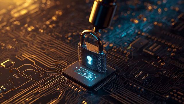Secure Padlock on Processor Chip Highlighting Cybersecurity