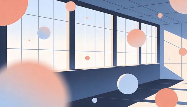 Floating peach and blue spheres drifting in sunlit minimalist corridor with grid windows