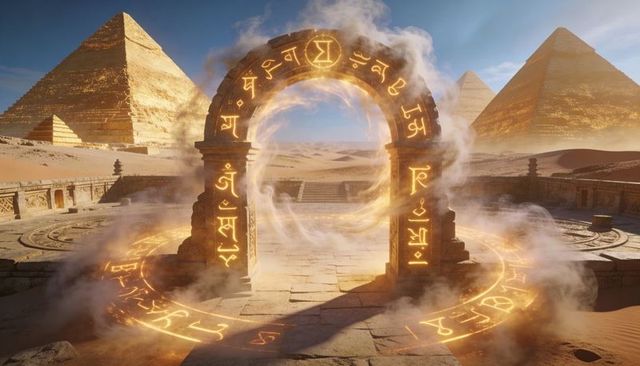 Golden arcane portal among desert pyramids emitting glowing runes and mystic sigils
