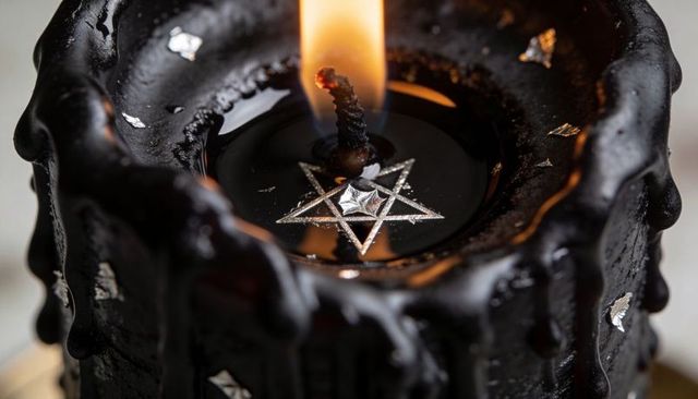 Glowing Black Dripping Pillar Candle Burning with Silver Hexagram Detail, Macro Closeup