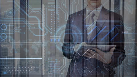 Businessman Holding Tablet with Futuristic Digital Interfaces
