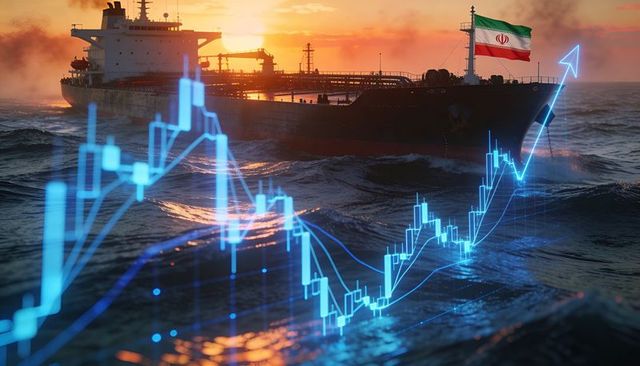 Iranian oil tanker navigating rough seas at sunset with rising digital financial chart