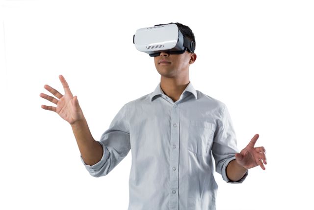 Man wearing virtual reality headset, interacting with virtual environment. Ideal for technology, innovation, and digital experience themes. Suitable for illustrating VR applications, tech advancements, and immersive simulations.