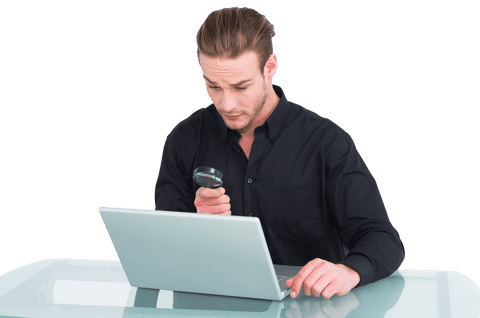 businessman using magnifying glass to inspect laptop, transparent background - Download Free Stock Videos Pikwizard.com