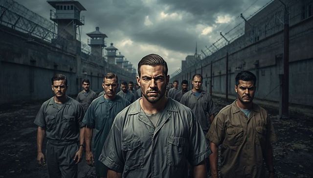 Inmates Marching in Prison Yard Under Dark Sky