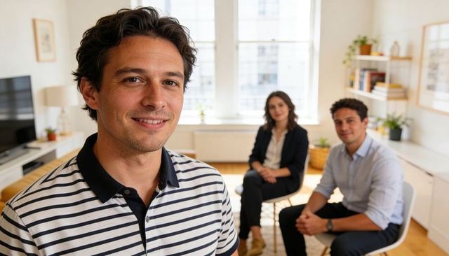 Smiling young man standing in modern home office with colleagues collaborating in background
