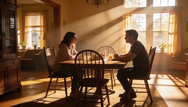 Sunlit morning couple talking at wooden dining table holding glasses of orange juice