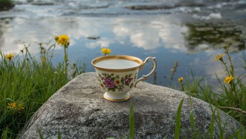 Vintage gilded floral teacup resting on rock by tranquil pond with yellow wildflowers
