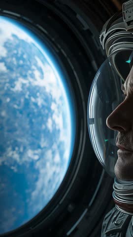 Astronaut Gazing at Earth Through Spacecraft Porthole Vertical Video for Space Exploration