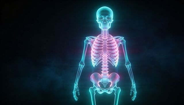 Glowing neon skeleton hologram showing spine, skull and pelvis in cyan magenta light
