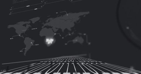 Streaming binary data grid receding toward horizon over blurred network hud futuristic