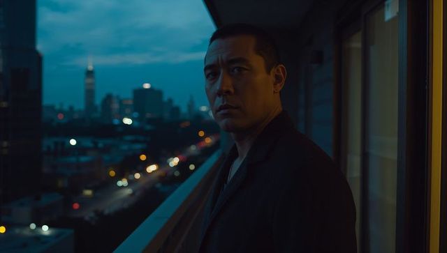 Moody asian man standing on high-rise balcony at dusk overlooking urban skyline bokeh