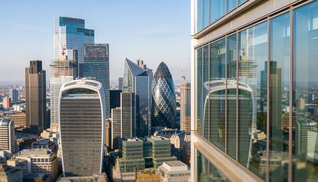 Reflecting london financial district skyline featuring gherkin and walkie talkie towers