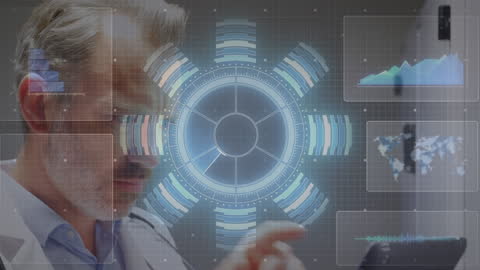 Businessman Engaging with Futuristic Data HUD Interface