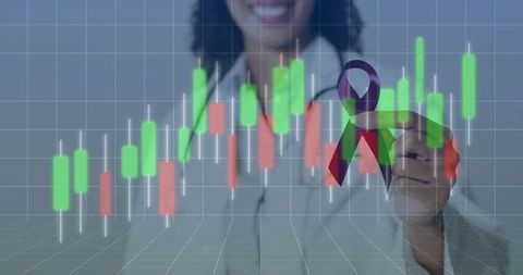 Smiling businesswoman touching purple awareness ribbon on holographic stock candlestick chart