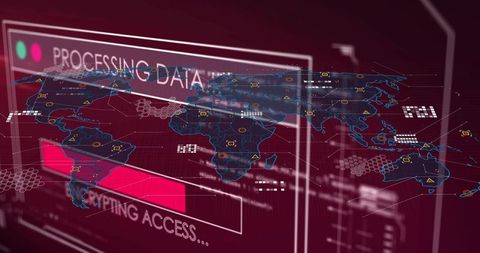 Holographic world map overlay displaying cybersecurity dashboard with magenta progress bar