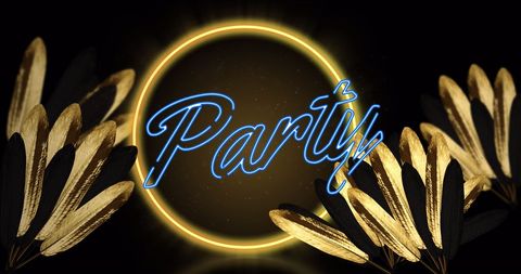 Neon Party Text Over Golden Leaves in Futuristic Design