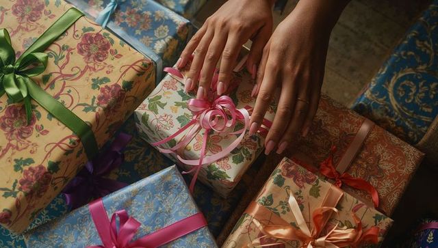 Elegant gift wrapping with satin ribbon on flower print box