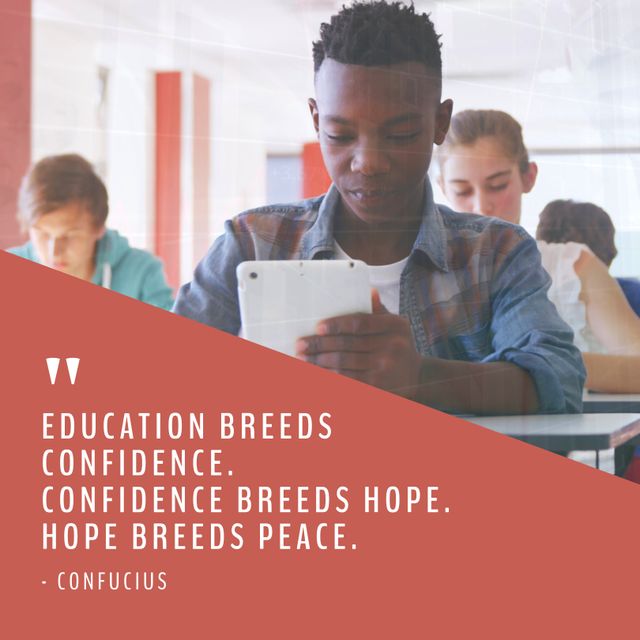 Image features students using tablets in a classroom setting, accompanied by an inspirational quote by Confucius on the importance of education, hope, and peace. This image conveys the value of modern learning and could be used in educational materials, classroom decorations, or social media campaigns advocating for quality education.